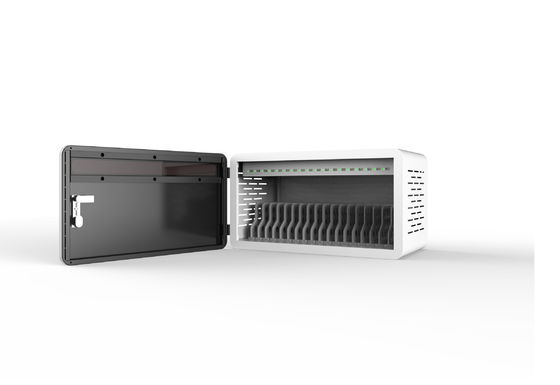 خزانة شحن صغيرة من نوع سطح المكتب مع فواصل من البلاستيك الهندسي ABS وضوء مؤشر أكريليك لـ 18 فتحة شحن USB